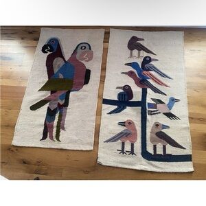 Set of Vintage 100% Wool Ecuador Wall Folk Art Tapestry Rugs Birds Mid Century